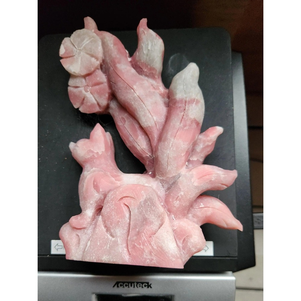 Carved Pink Opal Nine Tail Fox with Flowers,Peppermint Candy Opal Fox
